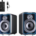 2.0 Computer Speakers, 10W USB-Bluetooth Wired PC Speakers with Easy-Control Pod for Desktop, Tiny Desk Soundbar with 5 Mirror-Like LED Light Modes for Monitor Laptop - Black
