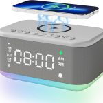 Alarm Clock Speaker Wireless Charger, Digital Alarm Clocks Bedrooms Bluetooth, Alarm Clock Dimmable Light Bedrooms Dual Alarm Snooze Dimmer 12 24H RGB Night Light Bluetooth USB AUX, Gray