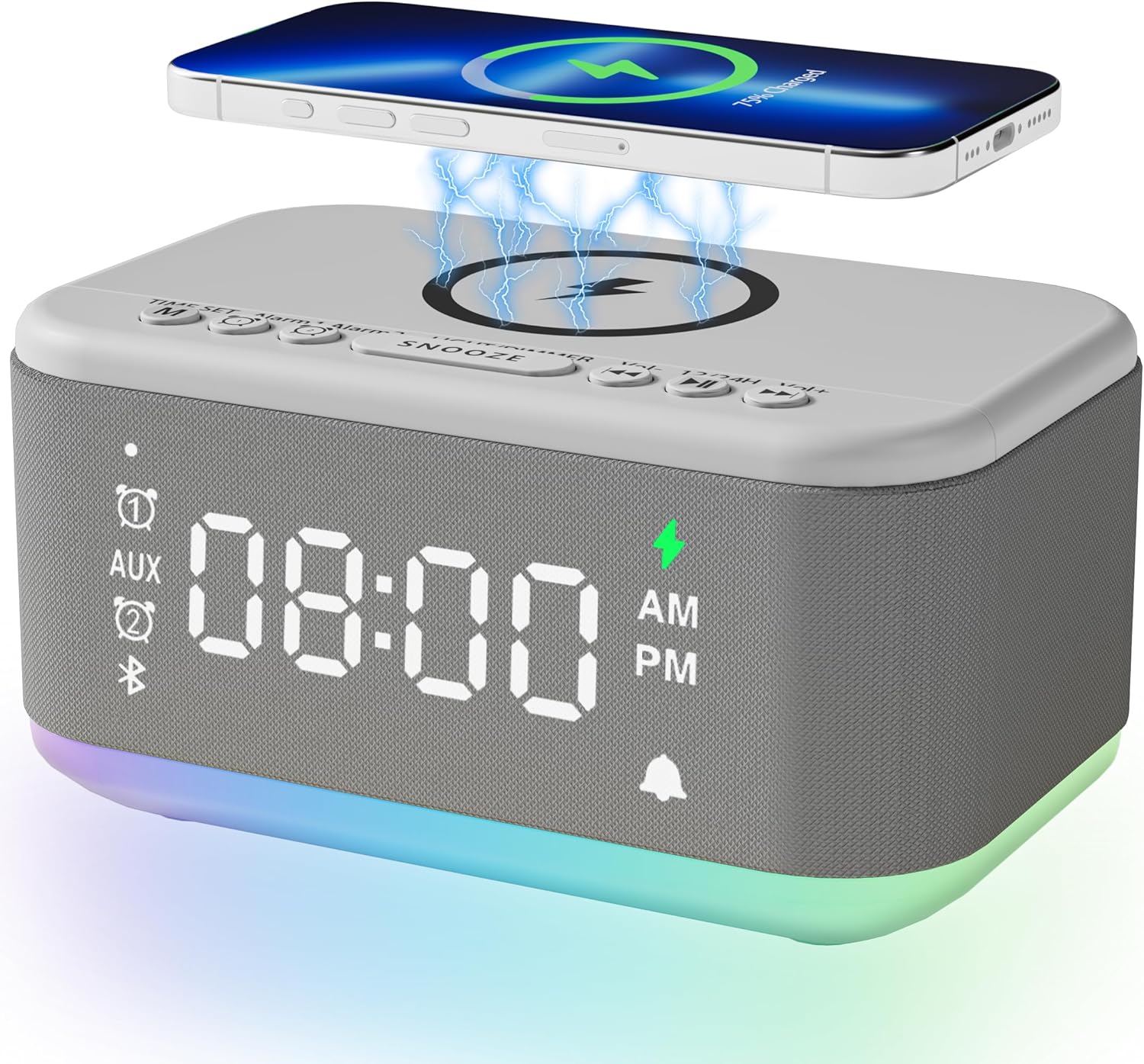81hEPW-fUPL._AC_SL1500_.jpg Alarm Clock Speaker Wireless Charger, Digital Alarm Clocks Bedrooms Bluetooth, Alarm Clock Dimmable Light Bedrooms Dual Alarm Snooze Dimmer 12 24H RGB Night Light Bluetooth USB AUX, Gray - Image 1